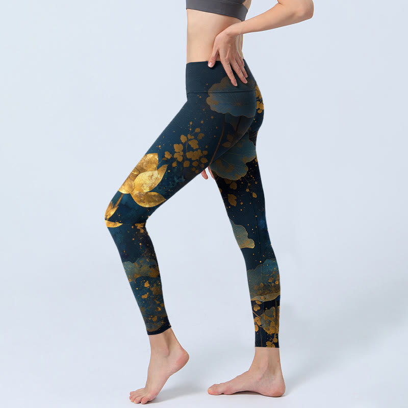 Buddha Stones Elegant Dignified Lotus Flower Leaf Spot Pattern Print Gym Leggings Women's Yoga Pants - image 2