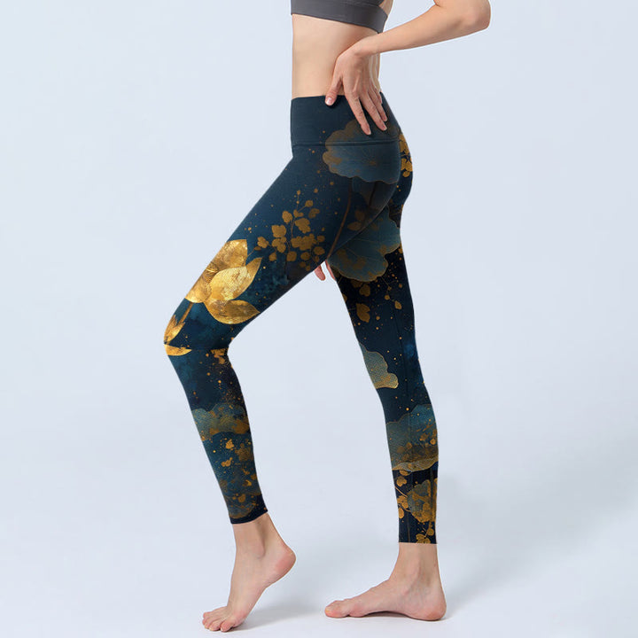 Buddha Stones Elegant Dignified Lotus Flower Leaf Spot Pattern Print Gym Leggings Women's Yoga Pants - image 2
