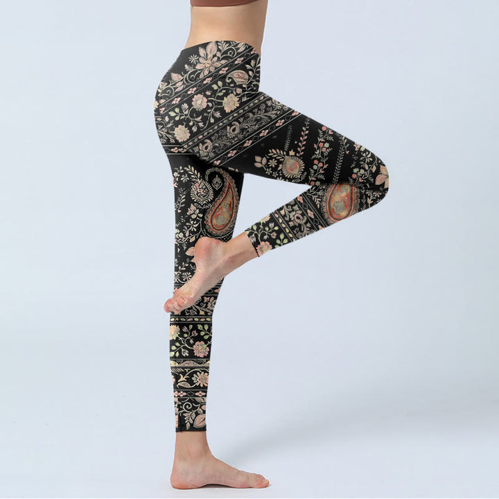 Buddha Stones Retro Repetitive Flower Leaf Vine Pattern Print Gym Leggings Women's Yoga Pants - image 3