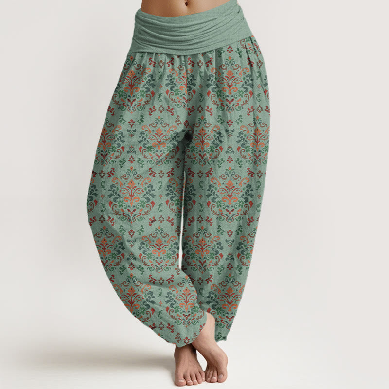 Buddha Stones Pure Cotton Retro Symmetrical Flower Leaf Pattern Women's Elastic Waist Harem Pants - MediumAquamarine - US16，UK/AU20，EU48 (3XL) - image 5