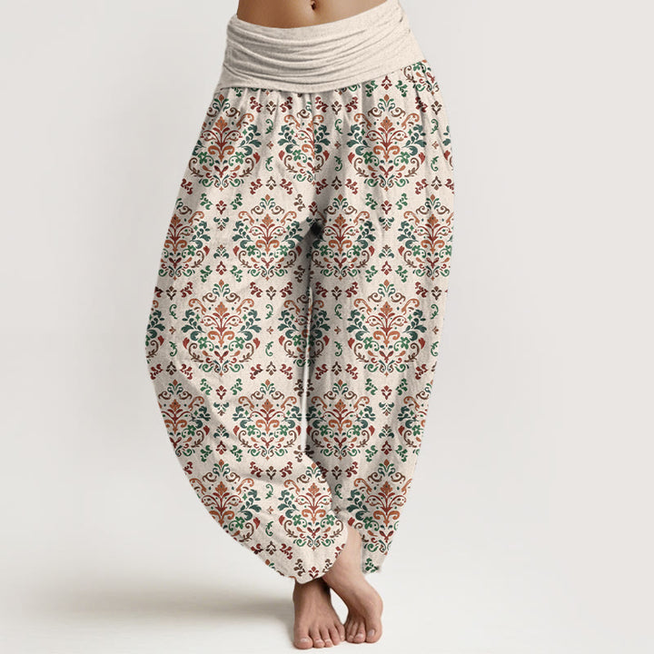 Buddha Stones Pure Cotton Retro Symmetrical Flower Leaf Pattern Women's Elastic Waist Harem Pants - Beige - US16，UK/AU20，EU48 (3XL) - image 8