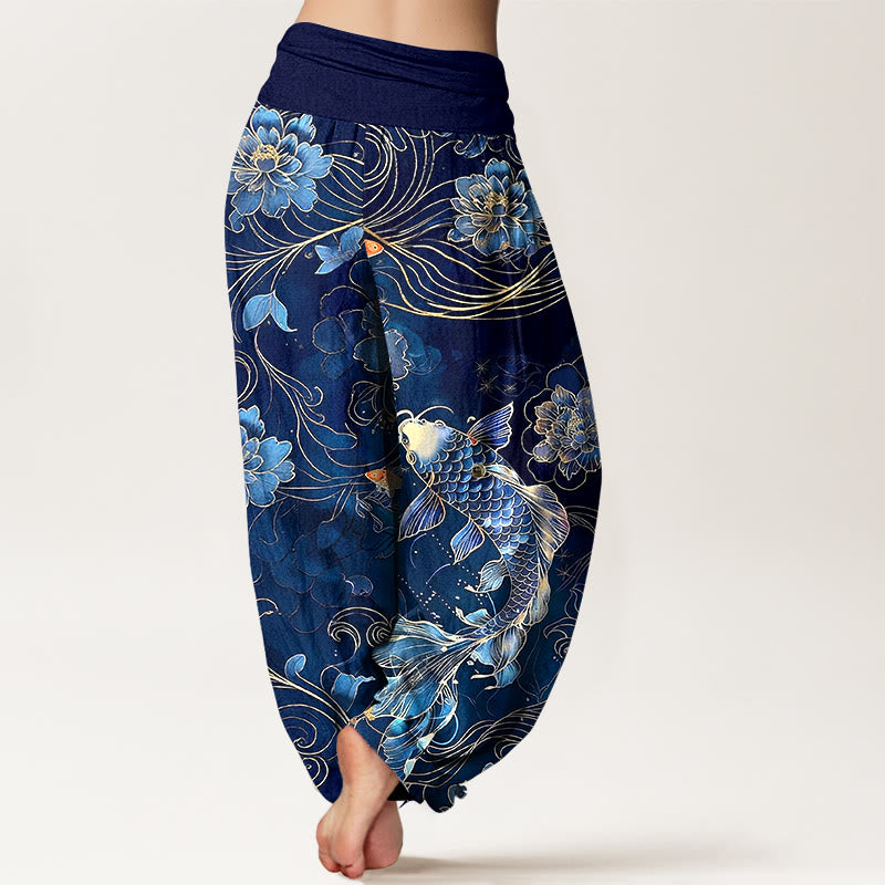 Buddha Stones Pure Cotton Dreamlike Koi Fish Peony Curve Pattern Women's Elastic Waist Harem Pants - image 1