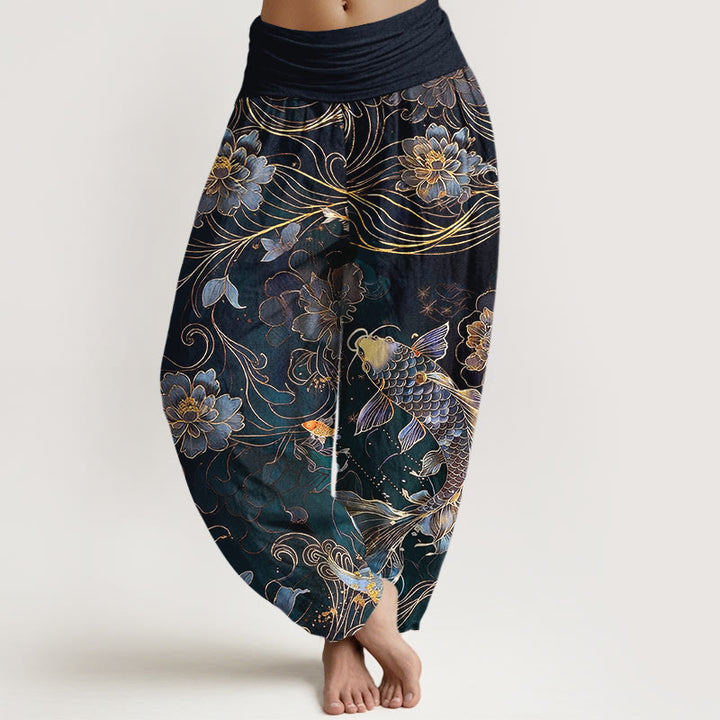 Buddha Stones Pure Cotton Dreamlike Koi Fish Peony Curve Pattern Women's Elastic Waist Harem Pants - Black - US16，UK/AU20，EU48 (3XL) - image 5