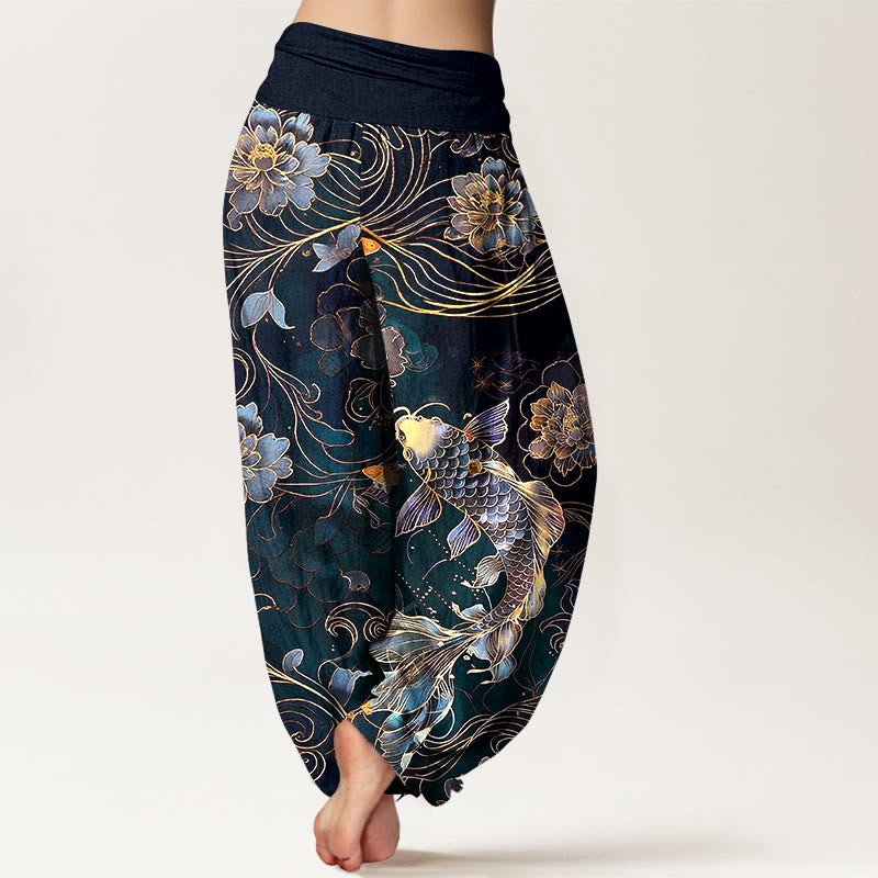 Buddha Stones Pure Cotton Dreamlike Koi Fish Peony Curve Pattern Women's Elastic Waist Harem Pants - image 6
