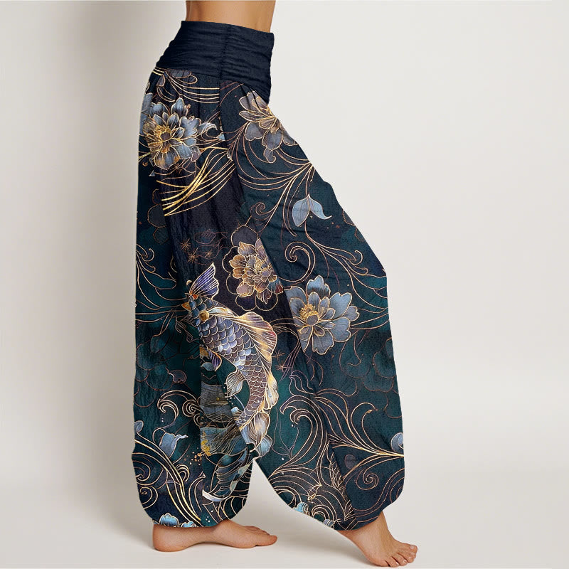 Buddha Stones Pure Cotton Dreamlike Koi Fish Peony Curve Pattern Women's Elastic Waist Harem Pants - image 7