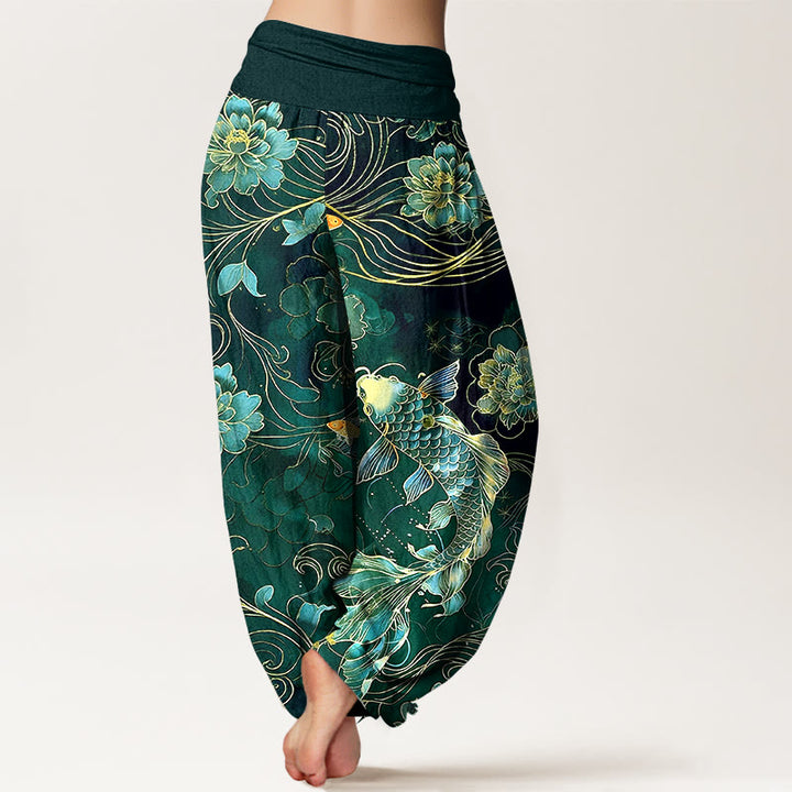 Buddha Stones Pure Cotton Dreamlike Koi Fish Peony Curve Pattern Women's Elastic Waist Harem Pants - image 9