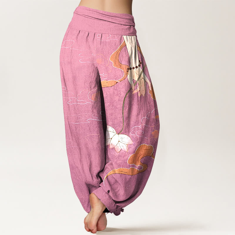 Buddha Stones Pure Cotton Lotus Flower Flowing Ribbons Hand Wearing Prayer Beads Clouds Pattern Women's Elastic Waist Harem Pants - image 9