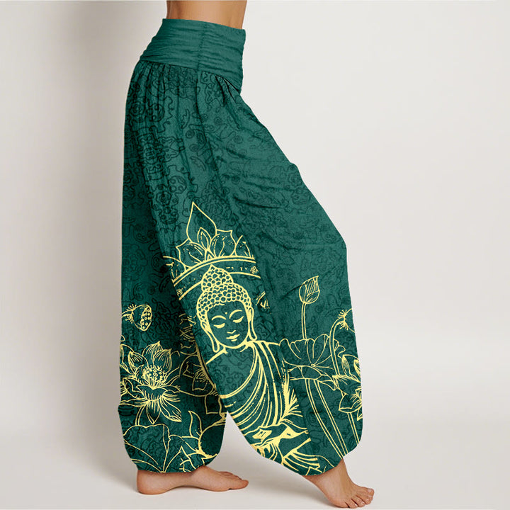 Buddha Stones Pure Cotton Classical Lotus Flower Seedpod Leaf Buddha Pattern Women's Elastic Waist Harem Pants - image 2