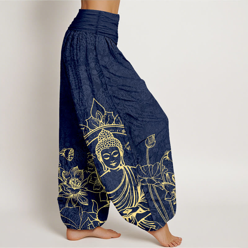 Buddha Stones Pure Cotton Classical Lotus Flower Seedpod Leaf Buddha Pattern Women's Elastic Waist Harem Pants - image 7