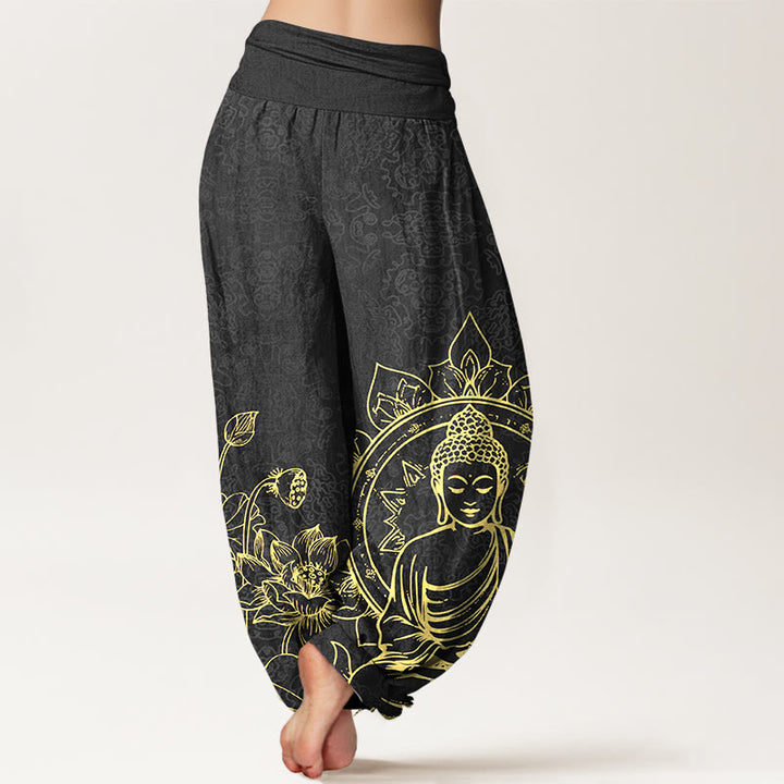 Buddha Stones Pure Cotton Classical Lotus Flower Seedpod Leaf Buddha Pattern Women's Elastic Waist Harem Pants - image 9