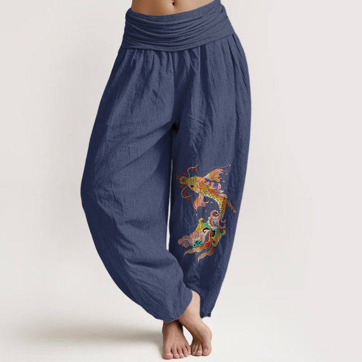 Buddha Stones Pure Cotton Brightly Colored Koi Fish Copper Coins Chinese Characters Pattern Women's Elastic Waist Harem Pants - DarkSlateBlue - US16，UK/AU20，EU48 (3XL) - image 5