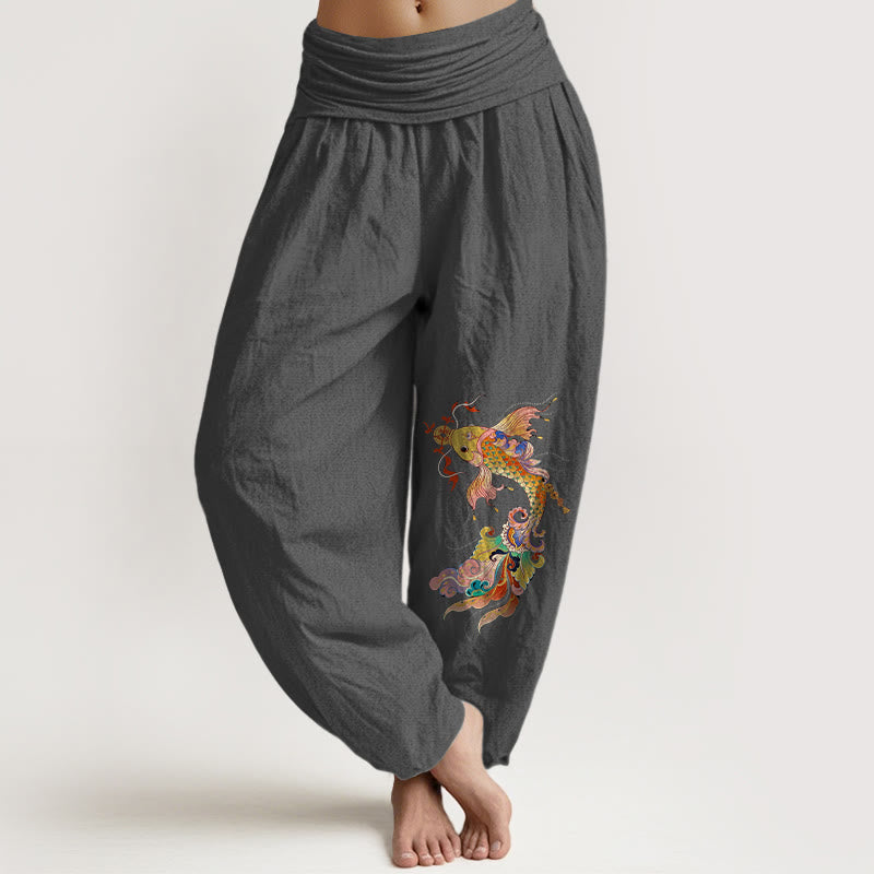 Buddha Stones Pure Cotton Brightly Colored Koi Fish Copper Coins Chinese Characters Pattern Women's Elastic Waist Harem Pants - DimGray - US16，UK/AU20，EU48 (3XL) - image 8