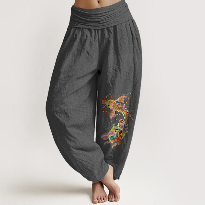 Buddha Stones Pure Cotton Brightly Colored Koi Fish Copper Coins Chinese Characters Pattern Women's Elastic Waist Harem Pants - DimGray - US16，UK/AU20，EU48 (3XL) - image 8