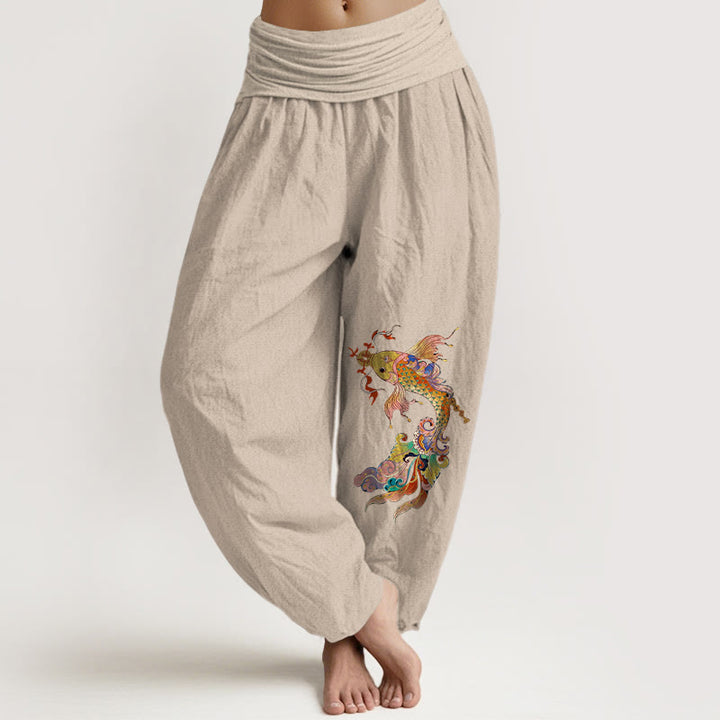 Buddha Stones Pure Cotton Brightly Colored Koi Fish Copper Coins Chinese Characters Pattern Women's Elastic Waist Harem Pants - Tan - US16，UK/AU20，EU48 (3XL) - image 11