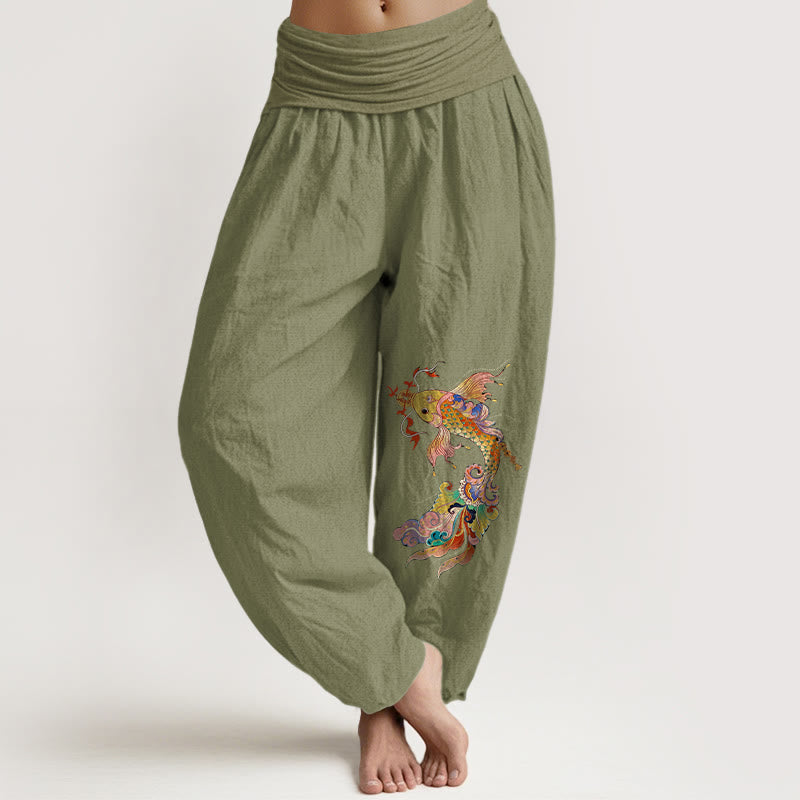 Buddha Stones Pure Cotton Brightly Colored Koi Fish Copper Coins Chinese Characters Pattern Women's Elastic Waist Harem Pants - OliveDrab - US16，UK/AU20，EU48 (3XL) - image 14