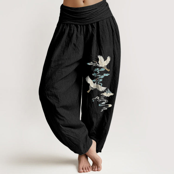 Buddha Stones Pure Cotton Elegant Crane Cloud Mountain Pattern Women's Elastic Waist Harem Pants - Black - US16，UK/AU20，EU48 (3XL) - image 0