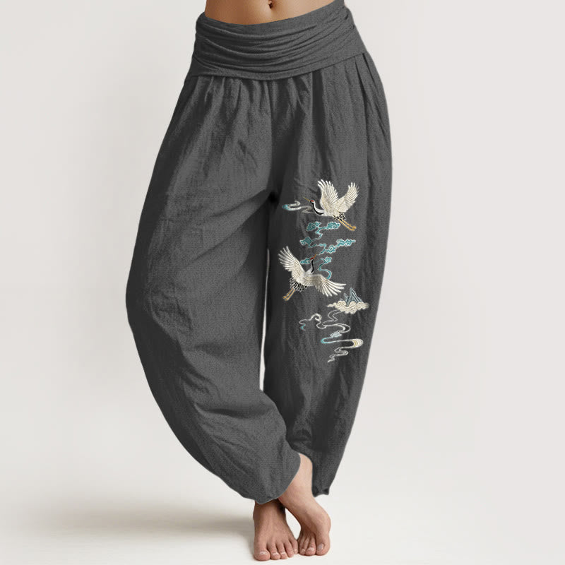 Buddha Stones Pure Cotton Elegant Crane Cloud Mountain Pattern Women's Elastic Waist Harem Pants - DimGray - US16，UK/AU20，EU48 (3XL) - image 8