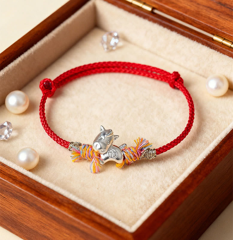 Buddha Stones Year of the Horse 999 Sterling Silver Winged Horse Fu Character Red String Luck Bracelet - image 0