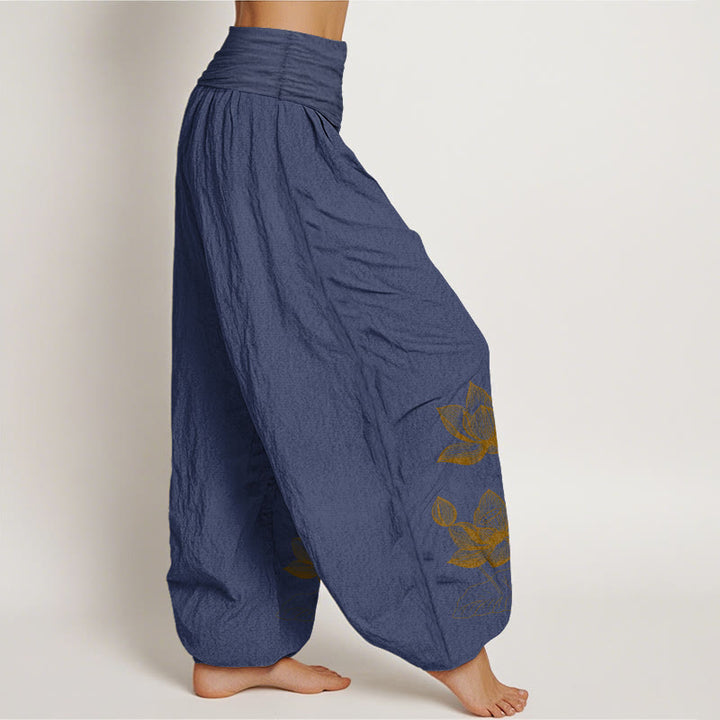 Buddha Stones Pure Cotton Line Drawing Lotus Flower Pattern Women's Elastic Waist Harem Pants - image 7