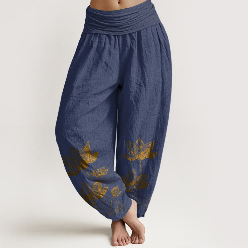 Buddha Stones Pure Cotton Line Drawing Lotus Flower Pattern Women's Elastic Waist Harem Pants - DarkSlateBlue - US16，UK/AU20，EU48 (3XL) - image 5