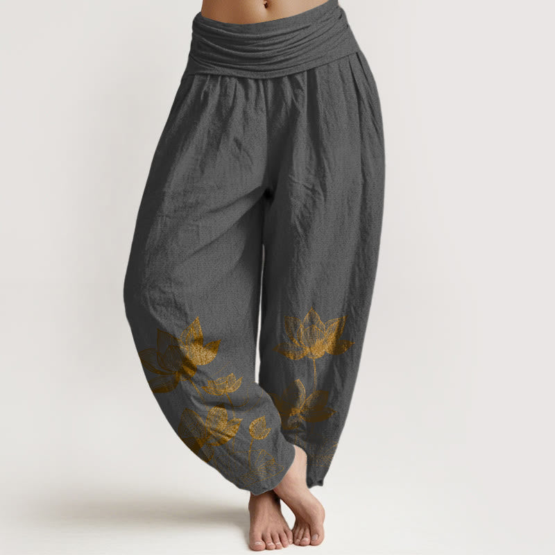 Buddha Stones Pure Cotton Line Drawing Lotus Flower Pattern Women's Elastic Waist Harem Pants - DimGray - US16，UK/AU20，EU48 (3XL) - image 8