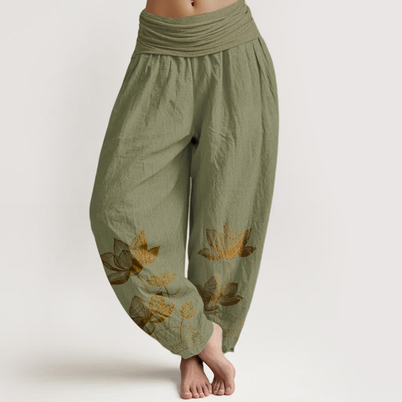 Buddha Stones Pure Cotton Line Drawing Lotus Flower Pattern Women's Elastic Waist Harem Pants - OliveDrab - US16，UK/AU20，EU48 (3XL) - image 14