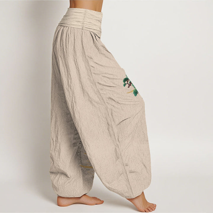 Buddha Stones Pure Cotton Elegant Colors Pine Tree Crane Pattern Women's Elastic Waist Harem Pants - image 2
