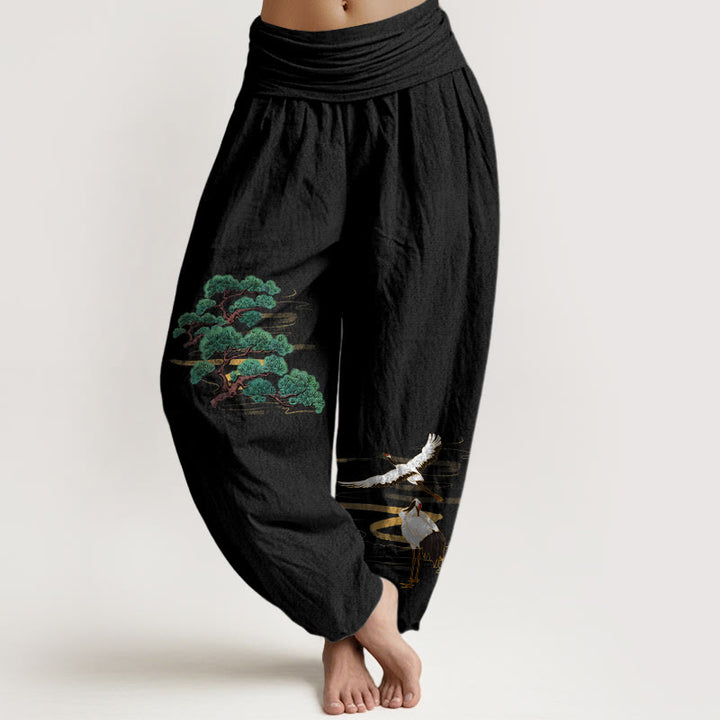 Buddha Stones Pure Cotton Elegant Colors Pine Tree Crane Pattern Women's Elastic Waist Harem Pants - Black - US16，UK/AU20，EU48 (3XL) - image 5