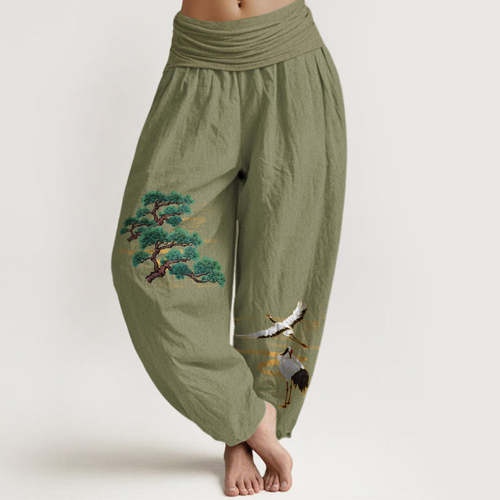 Buddha Stones Pure Cotton Elegant Colors Pine Tree Crane Pattern Women's Elastic Waist Harem Pants - OliveDrab - US16，UK/AU20，EU48 (3XL) - image 14
