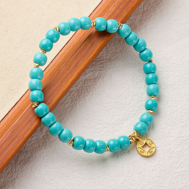 Buddha Stones Copper Coins Charm Imitation Turquoise Bracelet - image 1