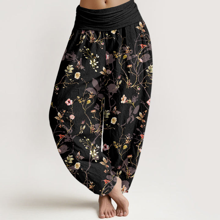 Buddha Stones Pure Cotton Retro Flowers Leaves Branches Pattern Women's Elastic Waist Harem Pants - Black - US16，UK/AU20，EU48 (3XL) - image 0