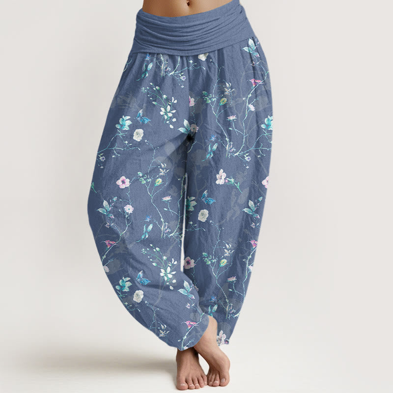 Buddha Stones Pure Cotton Retro Flowers Leaves Branches Pattern Women's Elastic Waist Harem Pants - CornflowerBlue - US16，UK/AU20，EU48 (3XL) - image 5