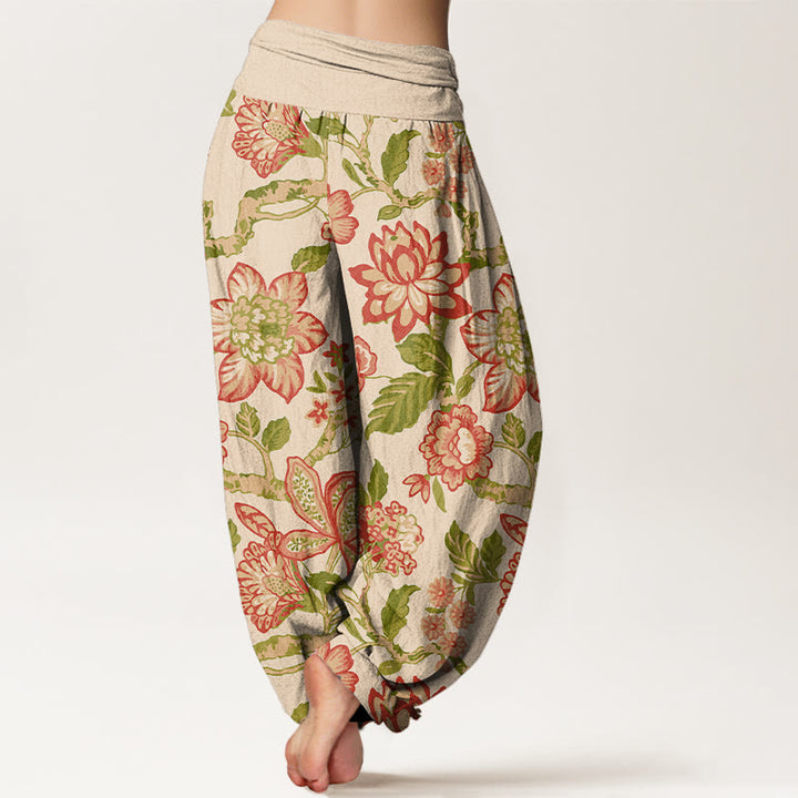 Buddha Stones Pure Cotton Bold Colors Flowers Leaves Branches Bird Pattern Women's Elastic Waist Harem Pants - image 1
