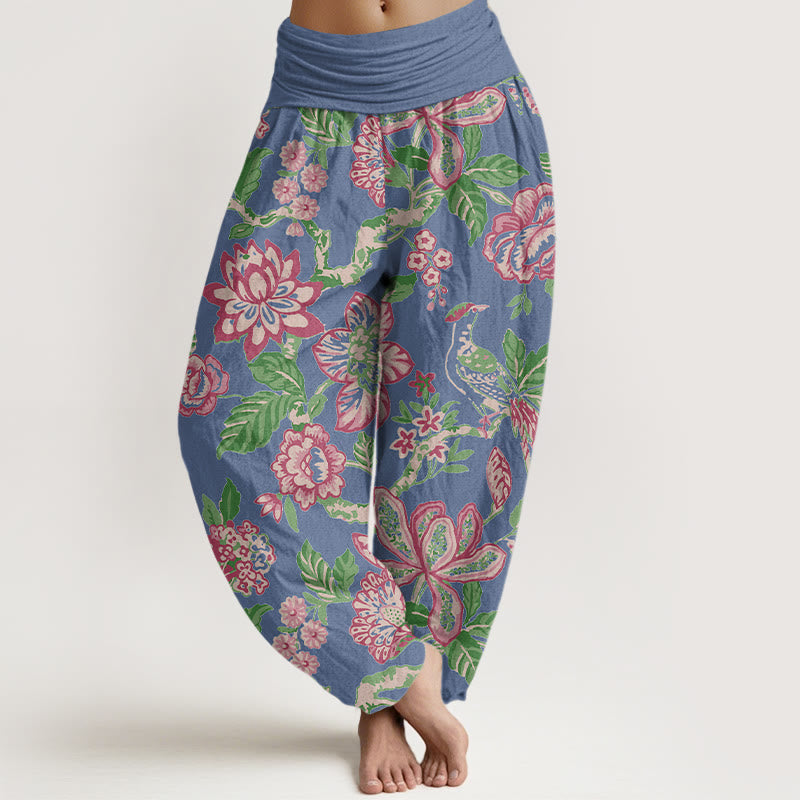 Buddha Stones Pure Cotton Bold Colors Flowers Leaves Branches Bird Pattern Women's Elastic Waist Harem Pants - CornflowerBlue - US16，UK/AU20，EU48 (3XL) - image 8