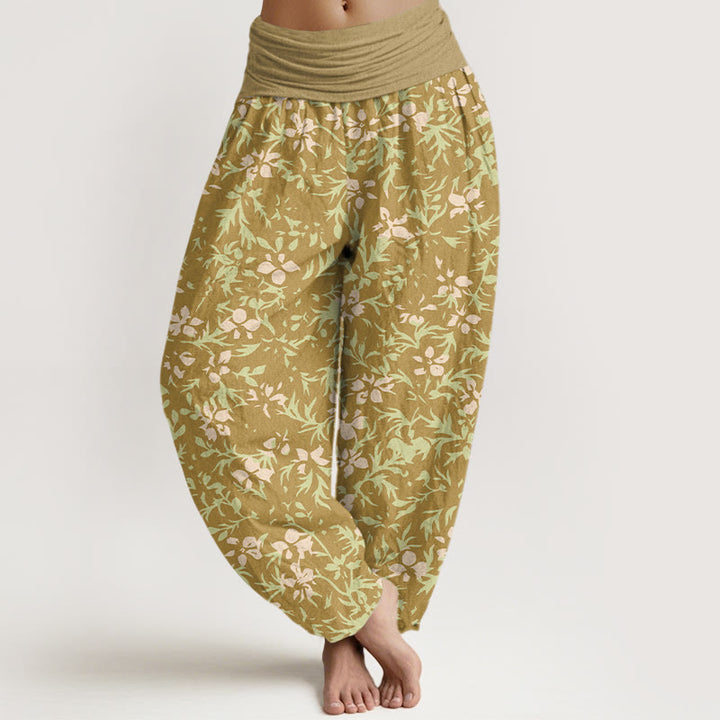Buddha Stones Pure Cotton Abstract Flowers Leaves Pattern Women's Elastic Waist Harem Pants - Goldenrod - US16，UK/AU20，EU48 (3XL) - image 0