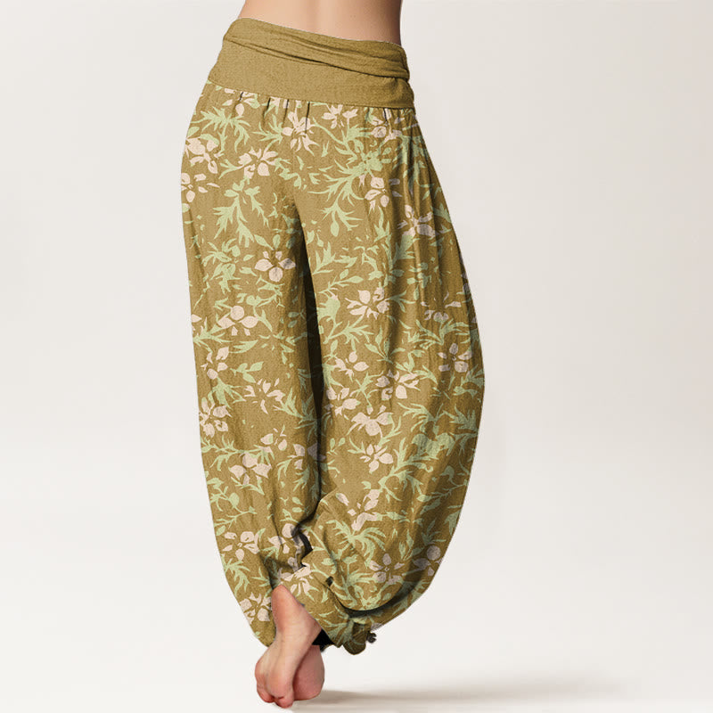 Buddha Stones Pure Cotton Abstract Flowers Leaves Pattern Women's Elastic Waist Harem Pants - image 1