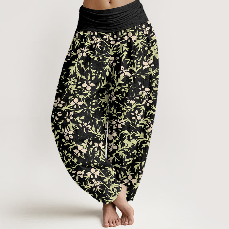 Buddha Stones Pure Cotton Abstract Flowers Leaves Pattern Women's Elastic Waist Harem Pants - Black - US16，UK/AU20，EU48 (3XL) - image 8