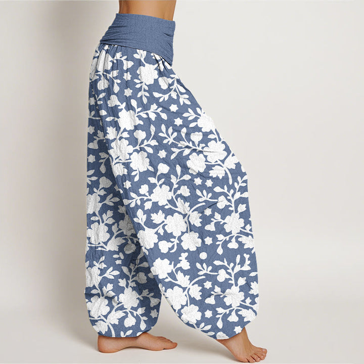 Buddha Stones Pure Cotton White Flowers Leaves Stars Pattern Women's Elastic Waist Harem Pants - image 2