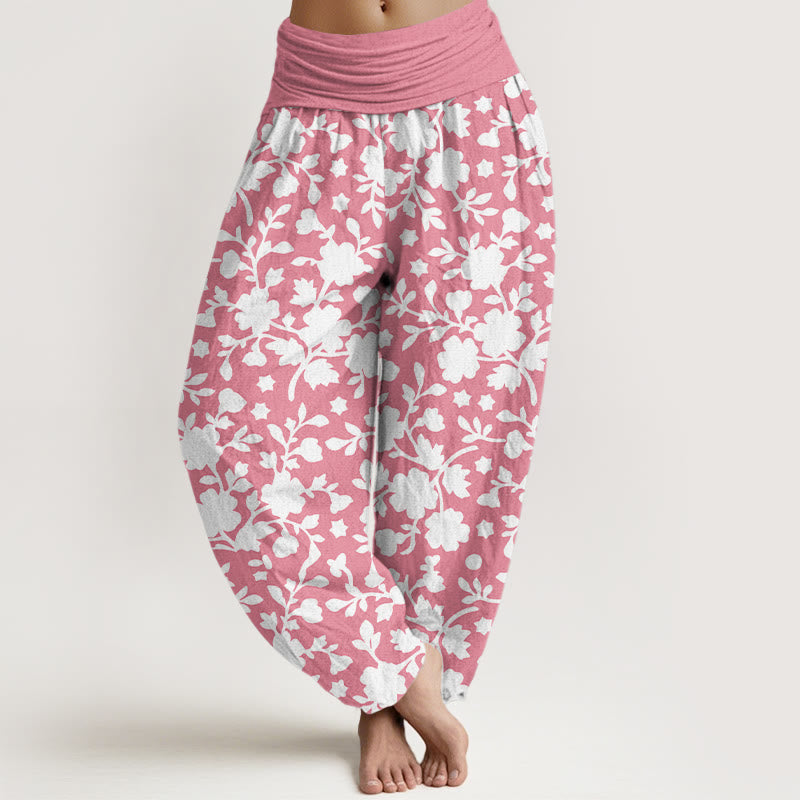Buddha Stones Pure Cotton White Flowers Leaves Stars Pattern Women's Elastic Waist Harem Pants - LightPink - US16，UK/AU20，EU48 (3XL) - image 5