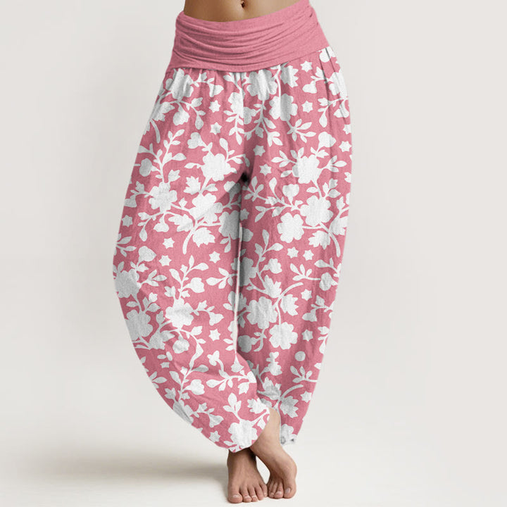 Buddha Stones Pure Cotton White Flowers Leaves Stars Pattern Women's Elastic Waist Harem Pants - LightPink - US16，UK/AU20，EU48 (3XL) - image 5