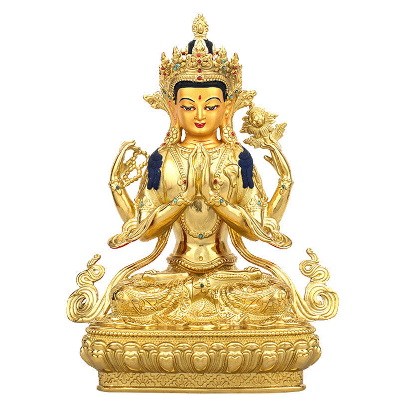 Chenrezig Four-armed Avalokitesvara Protection Copper Gold Plated Statue Decoration - image 0