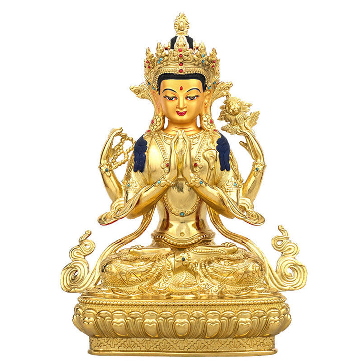 Chenrezig Four-armed Avalokitesvara Protection Copper Gold Plated Statue Decoration - image 0