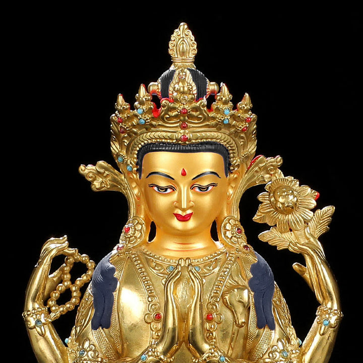 Chenrezig Four-armed Avalokitesvara Protection Copper Gold Plated Statue Decoration - image 9