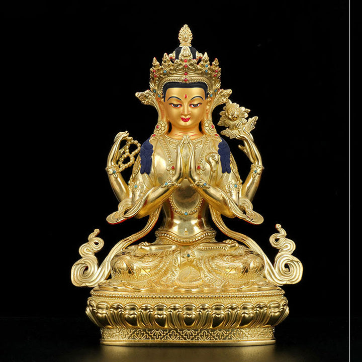 Chenrezig Four-armed Avalokitesvara Protection Copper Gold Plated Statue Decoration - image 4