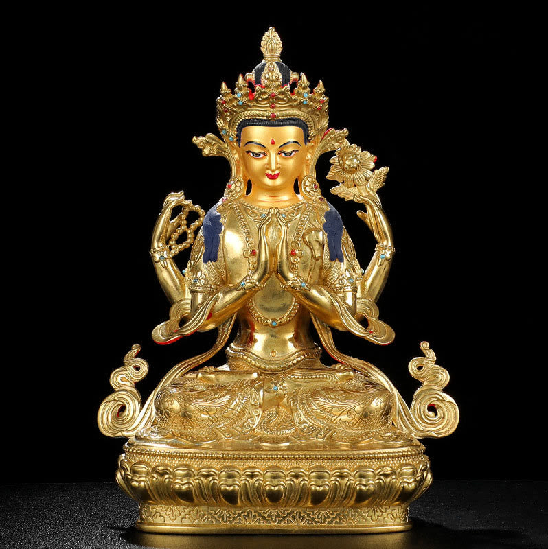 Chenrezig Four-armed Avalokitesvara Protection Copper Gold Plated Statue Decoration - image 8