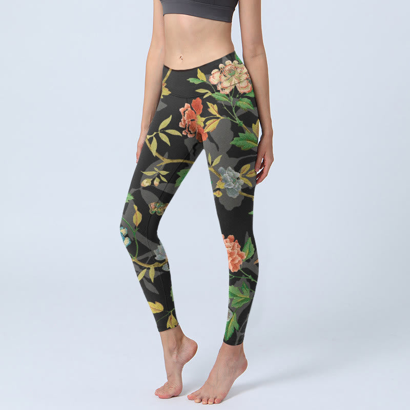 Buddha Stones Classical Flower Leaf Butterfly Bird Pattern Print Gym Leggings Women's Yoga Pants - Black - US18，UK/AU22，EU50 (4XL) - image 0