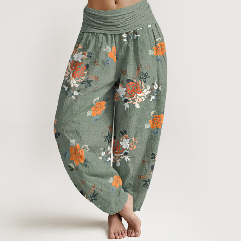 Buddha Stones Pure Cotton Vibrant Color Flowers Leaves Pattern Women's Elastic Waist Harem Pants - DarkSeaGreen - US16，UK/AU20，EU48 (3XL) - image 5