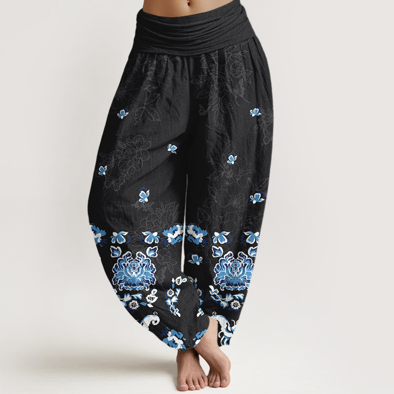 Buddha Stones Pure Cotton Elegant Classic Flower Butterfly Pattern Women's Elastic Waist Harem Pants - Black - US16，UK/AU20，EU48 (3XL) - image 0