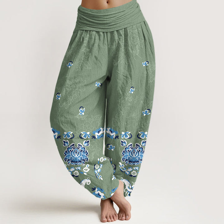 Buddha Stones Pure Cotton Elegant Classic Flower Butterfly Pattern Women's Elastic Waist Harem Pants - MediumSeaGreen - US16，UK/AU20，EU48 (3XL) - image 5
