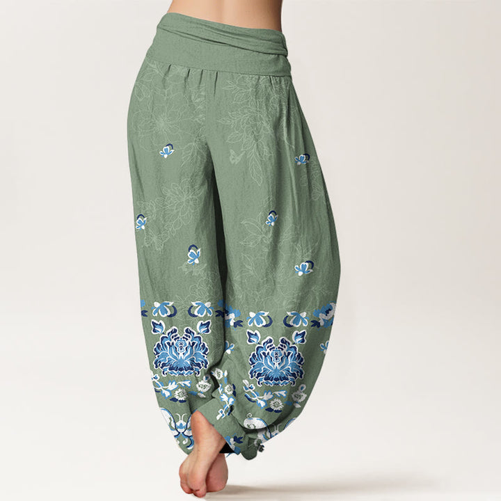 Buddha Stones Pure Cotton Elegant Classic Flower Butterfly Pattern Women's Elastic Waist Harem Pants - image 6